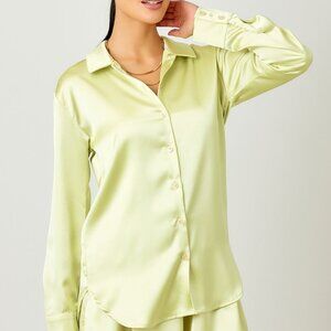 MYSTREE Yellow Satin Blouse – Long Sleeve Button Down Top Dressy Silky Shirt